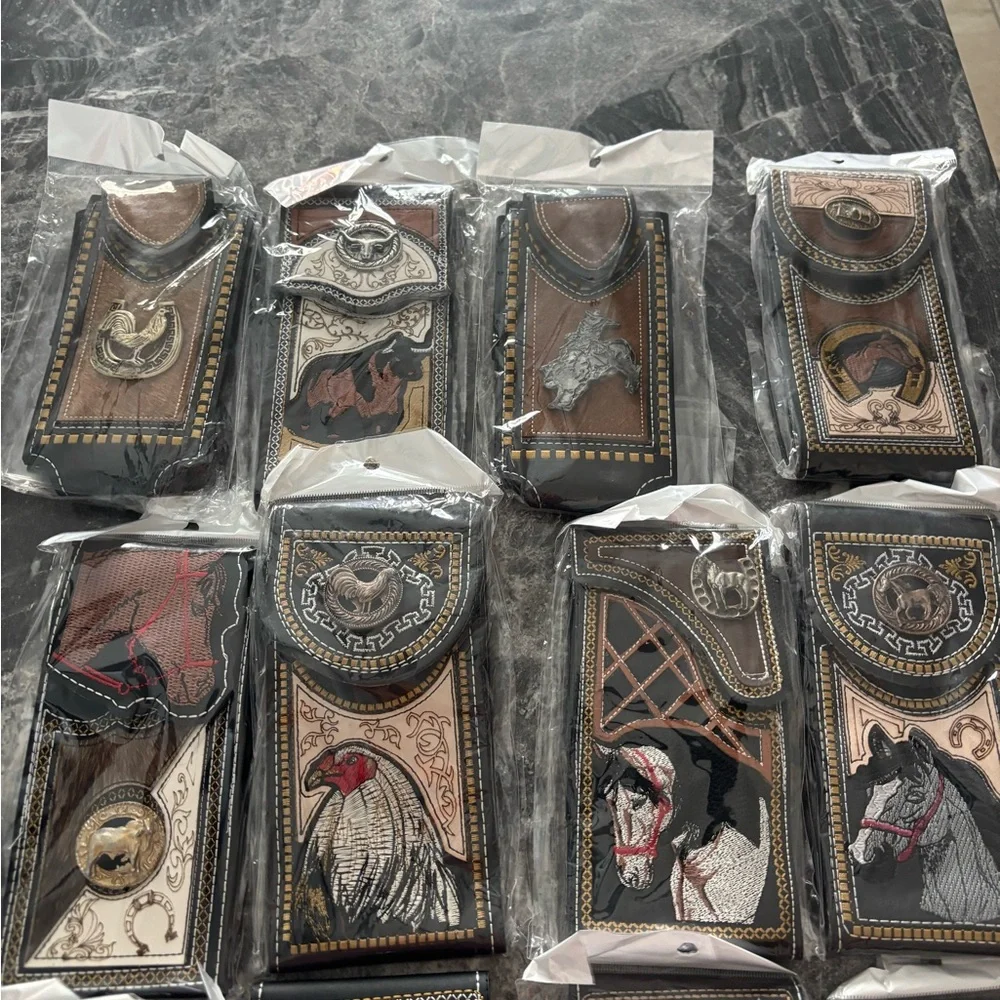 Western Cowboy/Charro Vinil and leather Cellular Phone case Rooster, Horse/Bull